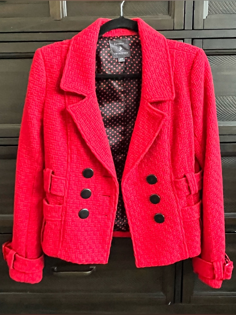 Forever 21 Bright Red Textured Double-Breasted Cropped Blazer